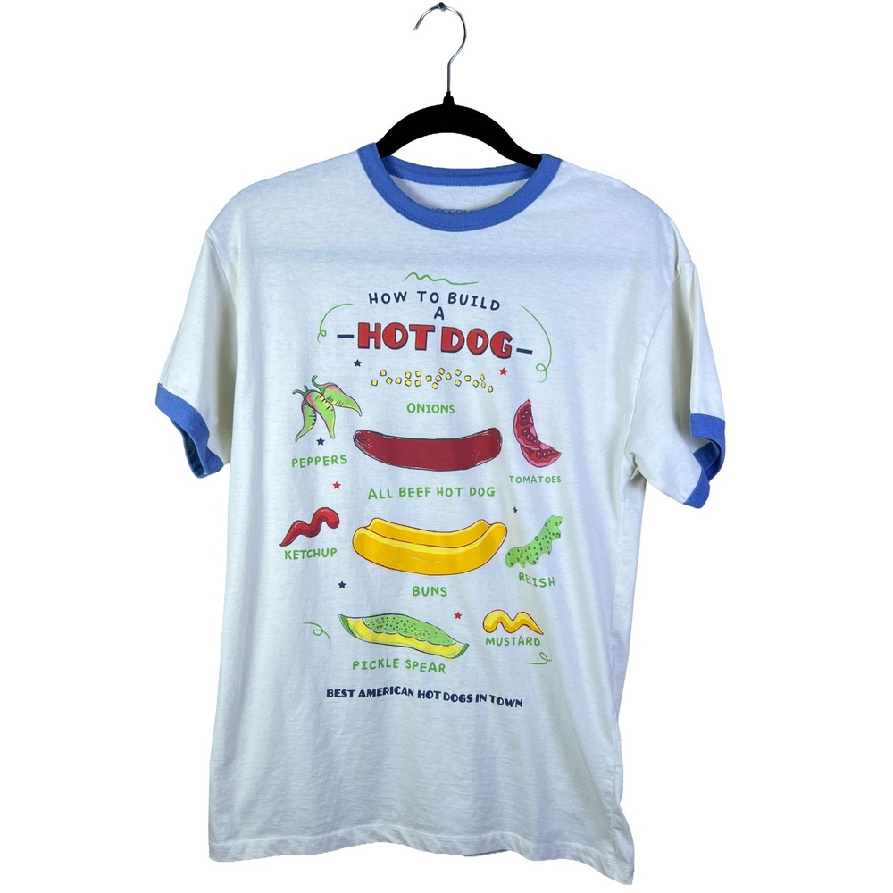 Modern Lux Hot Dog Graphic Ringer T-Shirt Women's XS White Blue